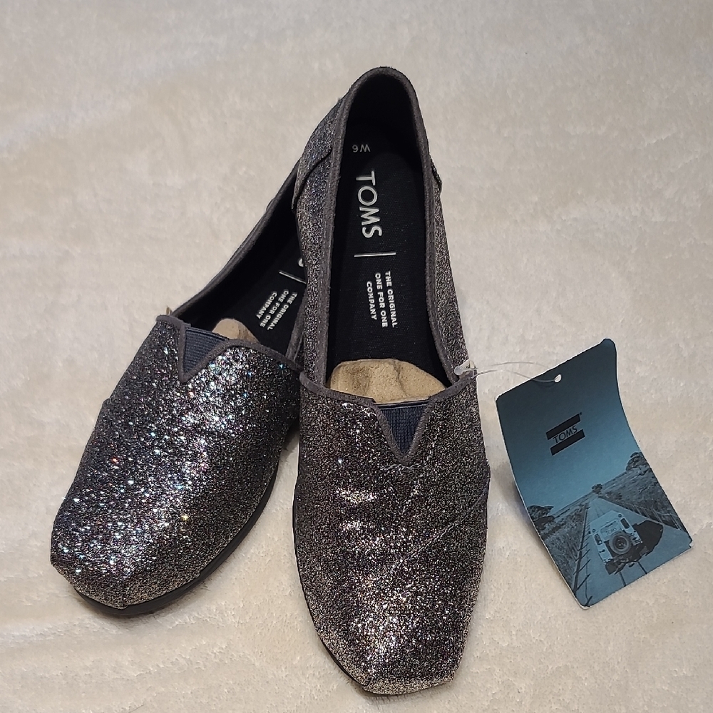 Toms Silver Sparkle Flats Slip-On Shoes BNWT